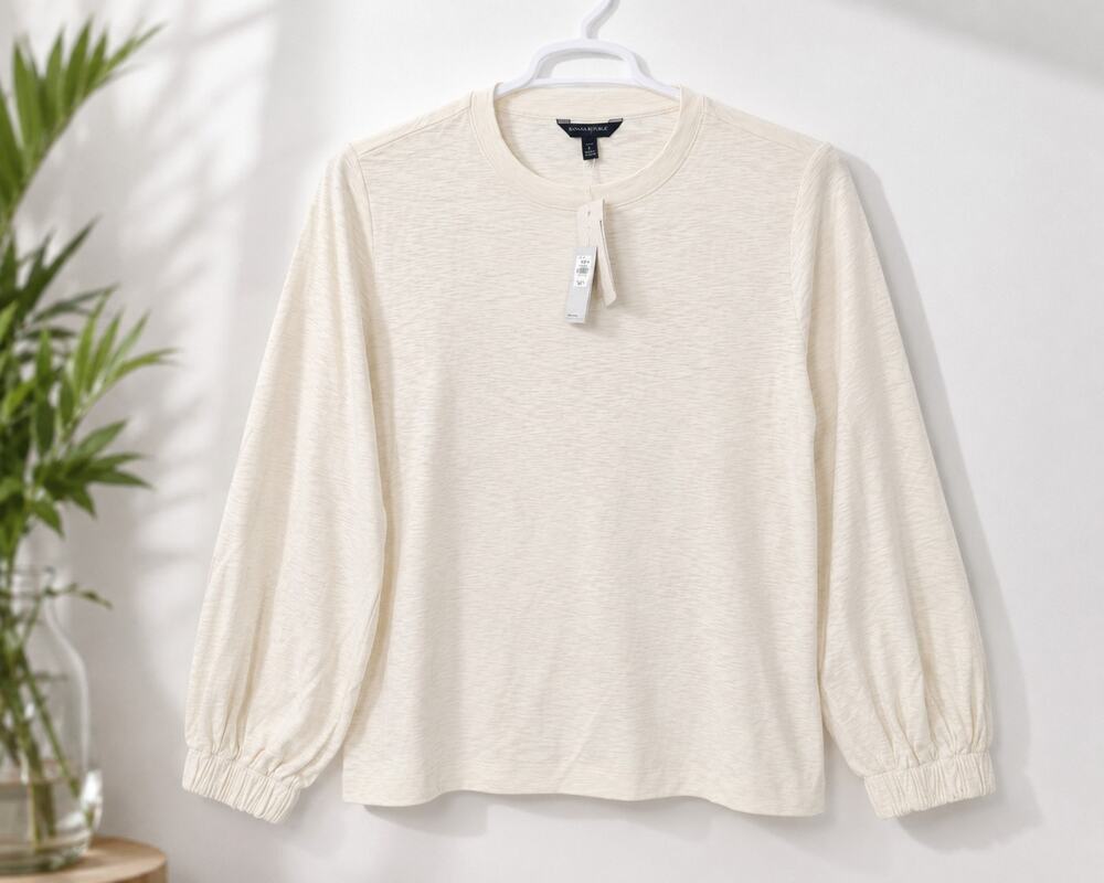 Banana Republic Womens Petite L Ivory Slub Knit Puff Sleeve Top Shirt NWT